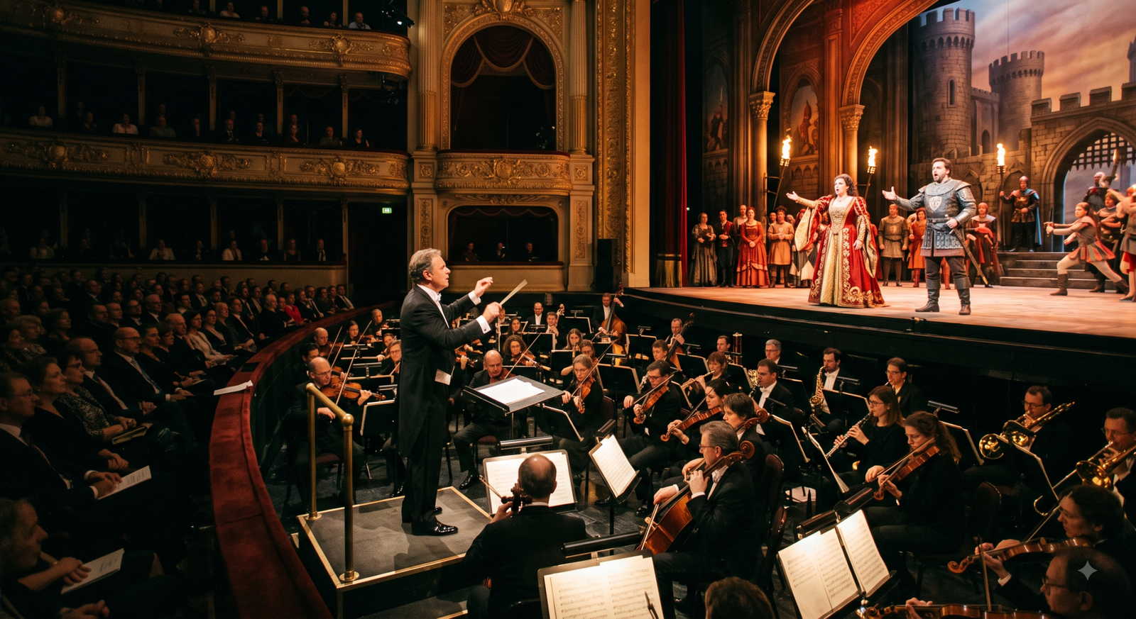 Conductor leading an orchestra during an opera performance.
