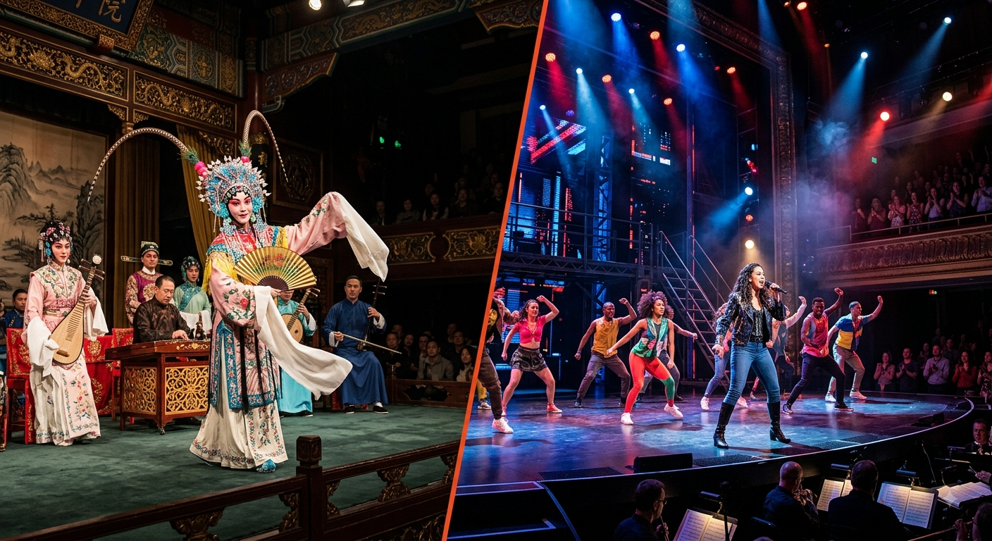 Traditional opera and musical theatre performances compared on stage.